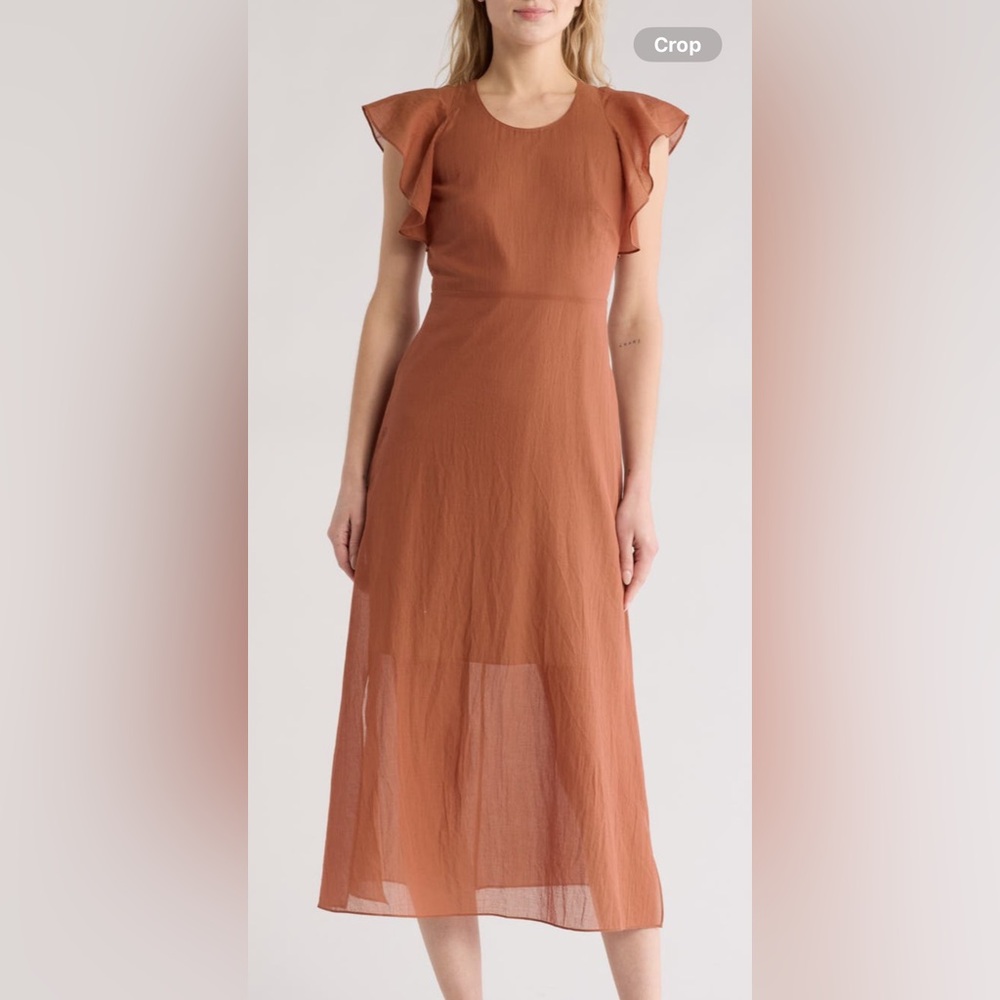 Theory terracotta midi dress with ruffle sleeve.